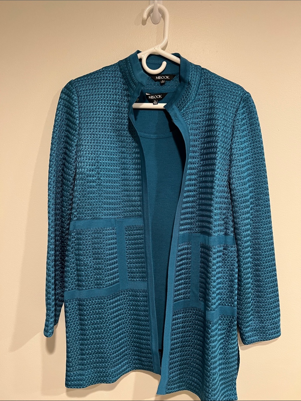Misook Teal Textured Open-Front Knit Cardigan